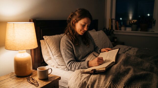 Woman writing in journal in bed at night with bedside lamp and cup of tea