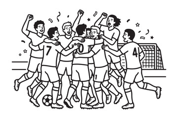 A group of soccer players celebrating a goal in a victorious huddle together
