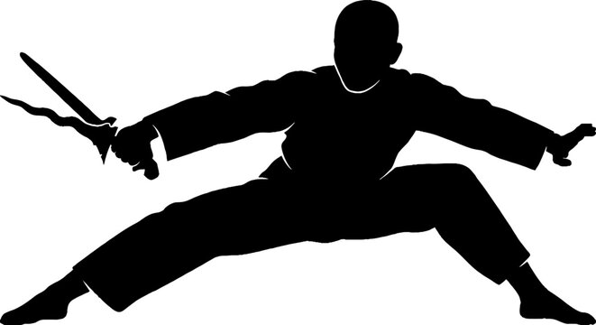 Silhouette of a martial artist with swords in action pose.
