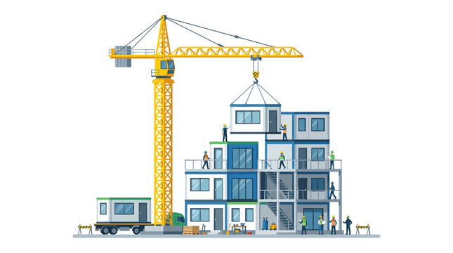 Modular construction site with crane lifting prefab modules and workers building a multi-story container house