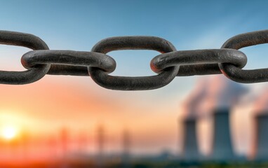Naklejka premium Heavy Duty Metal Chain Symbolizing Strength and Industrial Power Against Sunset Background