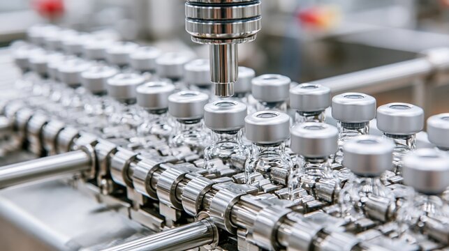 Automated pharmaceutical manufacturing line with sterile vials being filled and sealed by robotic machinery