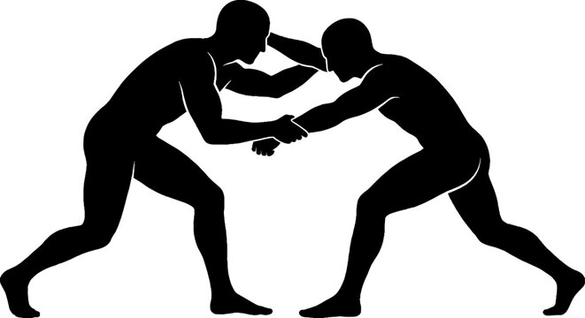 Two wrestlers locked in intense grappling match.
