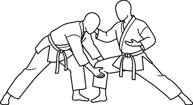 Two martial artists practicing judo throws together.
