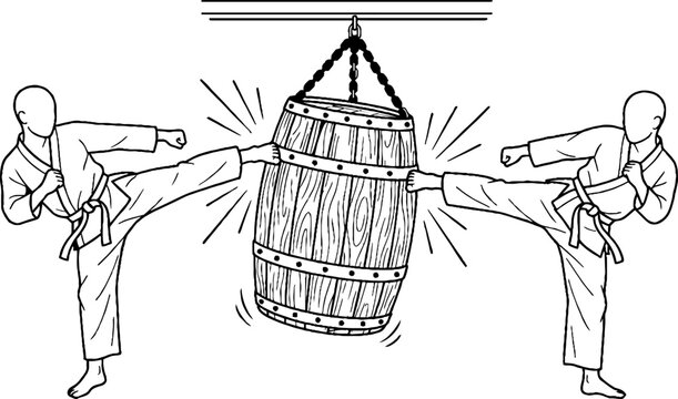 Martial artists breaking wooden barrel with kicks.