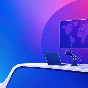 Podcast studio with microphone laptop and world map broadcast screen