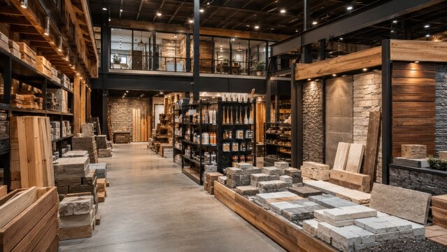 Modern building materials showroom with stone and wood samples
