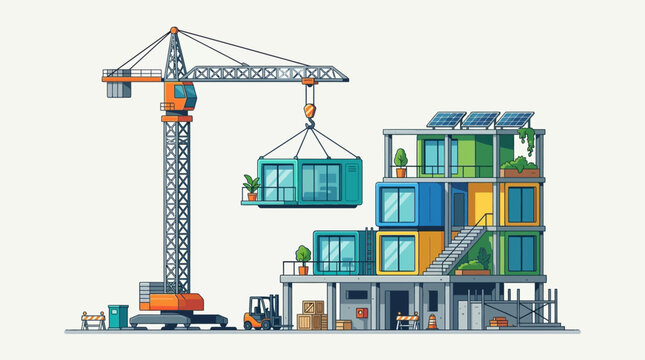 Flat vector of modular container building construction featuring crane, solar panels, and sustainable design on white background.