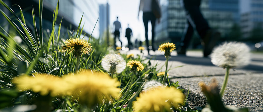 Gros plan de pissenlits poussant sur un trottoir en ville avec des pi&eacute;tons et des immeubles de bureaux flous. Concept de nature urbaine, ESG, RSE et d&eacute;veloppement durable.