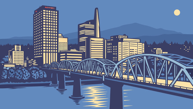 Portland city skyline and bridge illuminated at night
