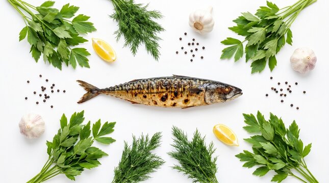 Culinary flat lay of grilled Romanian mackerel fish and traditional fresh seasonings on white