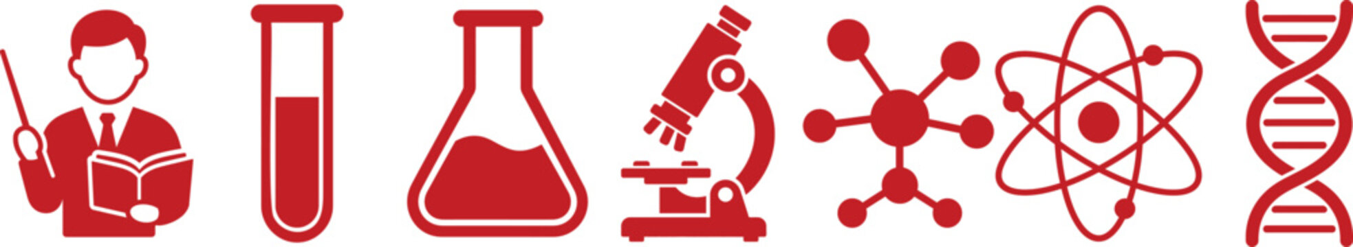 Science icons including professor microscope test tube atom and DNA
