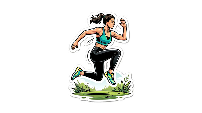 A cartoon illustration of a woman in athletic wear running through a grassy field with a pond