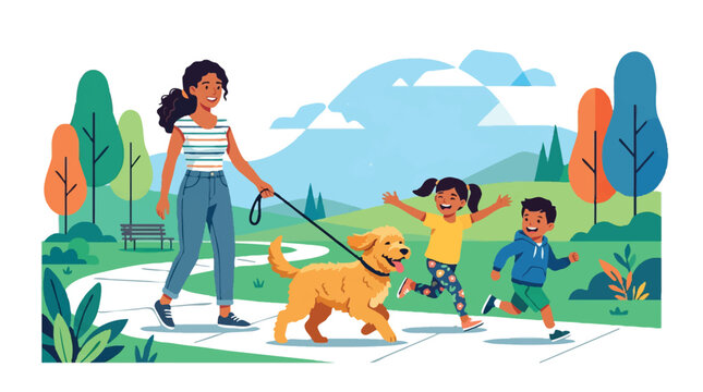 Happy family walking dog in sunny park vector illustration. Children running and playing outdoors with mother and golden pet.