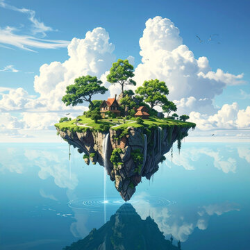 Floating fantasy island with village and waterfalls over blue sea