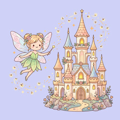 Naklejka premium A cute fairy casts magic spells over a tall fantasy castle
