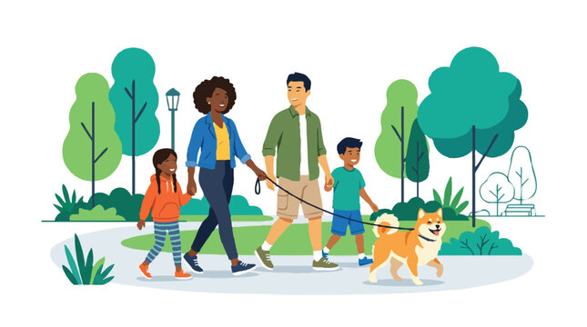 Happy Multiracial Family Walking Dog in Sunny Park Vector Illustration