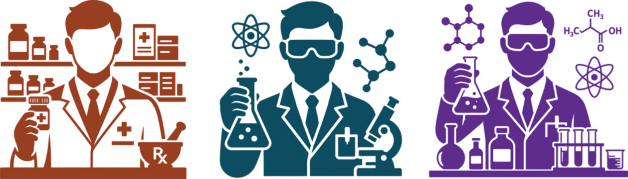 Three scientists in lab coats conducting experiments with various laboratory equipment and chemicals