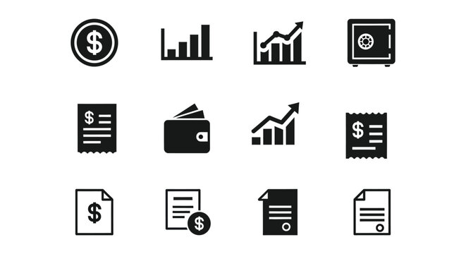 A collection of financial icons including a coin, graphs, a safe, receipts, a wallet, and documents.