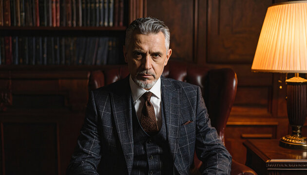 A classy older man sits in a vintage leather chair, wearing a retro brown suit with a patterned bow tie. The background is a wooden bookshelf.
