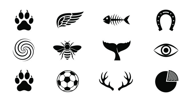 A collection of twelve diverse icons, including paw prints, a wing, a fish skeleton, and a horseshoe, presented in a grid.