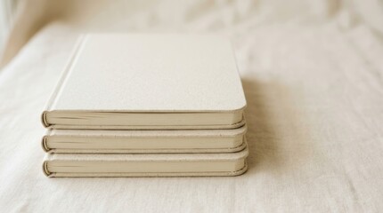 Fototapeta premium Stack of Blank White Notebooks on Fabric Surface.