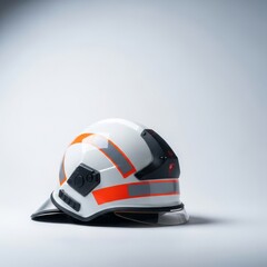 Fototapeta premium Professional white emergency rescue helmet with reflective strips on a clean studio backdrop, symbolizing safety and disaster preparedness, service, protective, response