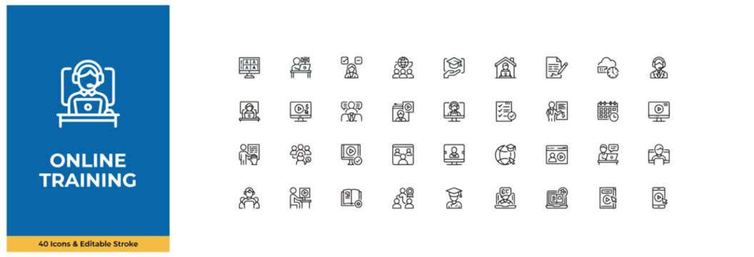 Online training icons set, e-learning, remote education, digital classroom, webinar, virtual meeting
