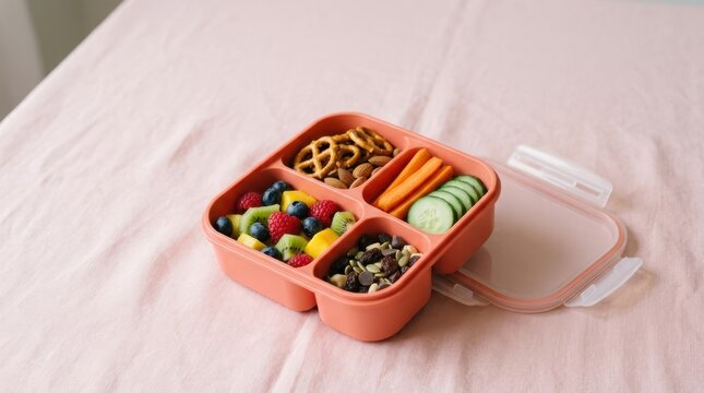 Healthy Kids Lunch Box With Fruits Vegetables And Snacks.