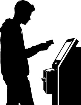 Person using ATM machine for banking transaction.