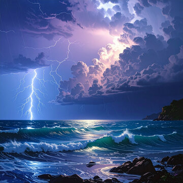 Dramatic Lightning Storm over Ocean Waves at Night