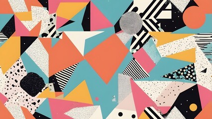 Obraz premium Colorful Abstract Geometric Pattern with Modern Retro Shapes, Speckled Texture, and Vibrant Dynamic Composition Background