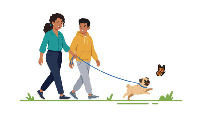 Family Walking Pug Dog with Butterfly Flat Vector Illustration