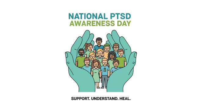 National PTSD Awareness Day is observed with hands supporting a diverse group of people, symbolizing care and healing
