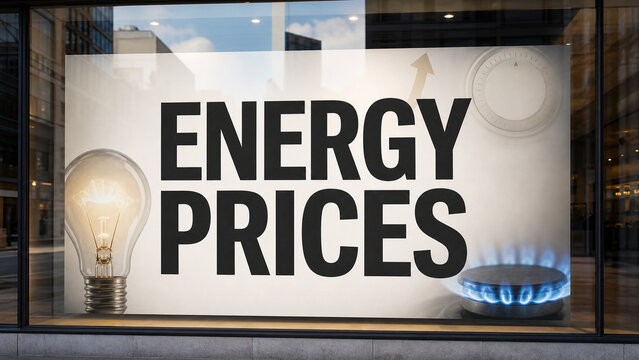 Storefront display with bold energy prices text, light bulb, blue gas flame, thermostat and rising arrow, symbolizing increasing utility costs.