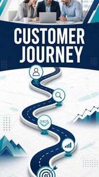 Business customer journey concept with winding road, map pins, icons, team meeting, and analytics elements in a modern blue corporate design.
