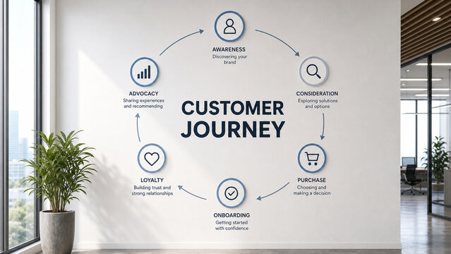Modern office wall display showing a customer journey cycle with icons, arrows, and business marketing stages in a bright workspace.