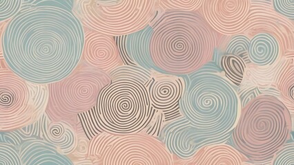Fototapeta premium Soft pastel abstract spiral pattern background. Muted organic concentric circles texture in blue, pink, and beige tones with a hand-drawn aesthetic.
