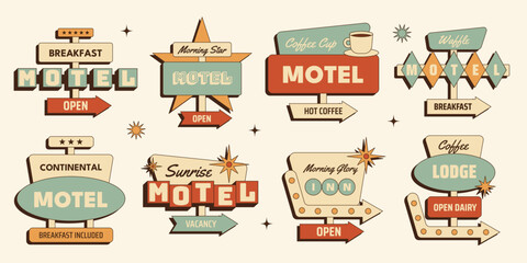 Retro breakfast motel signs sticker set with vintage roadside motel signboards, breakfast arrows, coffee lodge labels and motel direction signs. Vector illustration in mid century 1950s style © Dukhanina Ekaterina