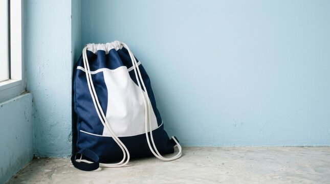 Blue and White Drawstring Backpack Leaning on Wall.