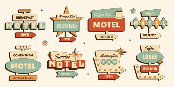 Retro breakfast motel signs sticker set with vintage roadside motel signboards, breakfast arrows, coffee lodge labels and motel direction signs. Vector illustration in mid century 1950s style