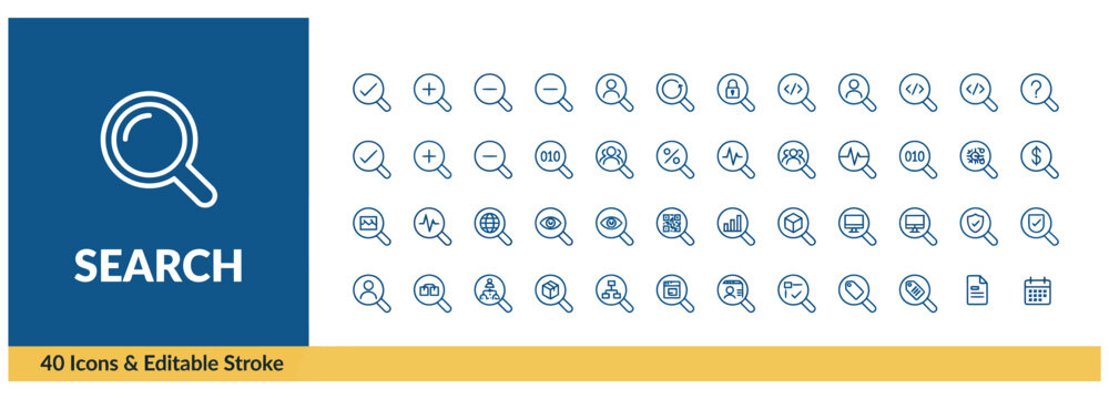 Large set of search and magnifying glass line icons for web interface and analysis