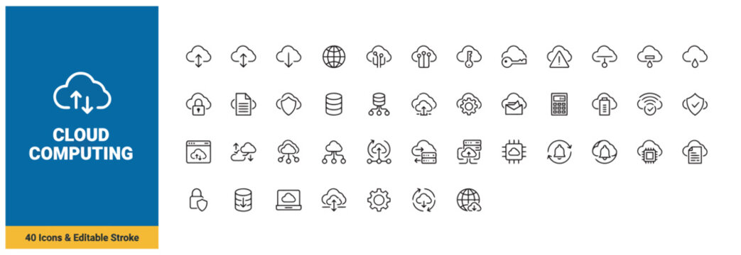 Comprehensive cloud computing icon pack featuring forty editable stroke vector symbols
