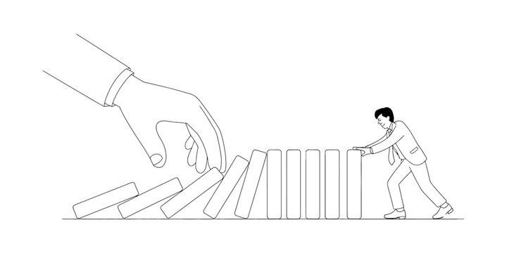 Businessman pushing dominoes to stop chain reaction, giant hand about to knock them over
