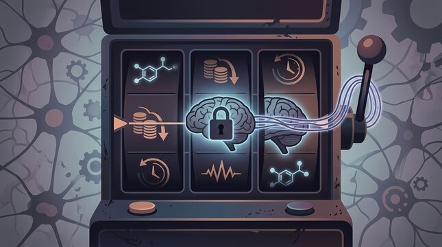 Conceptual illustration of a locked brain in a slot machine interface.