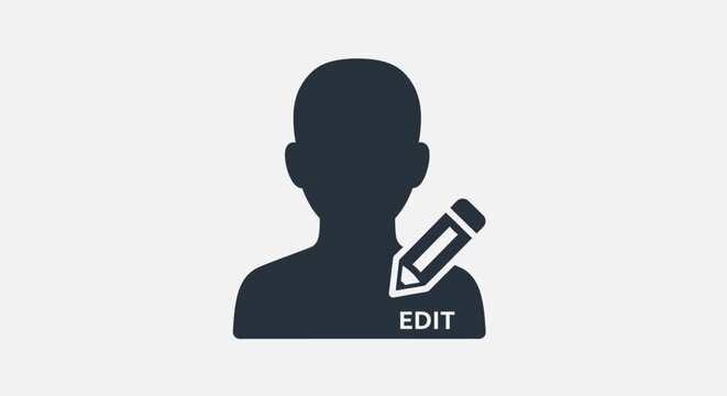 User profile edit icon. Person silhouette with a pencil and 'EDIT' text, representing account settings, personal data update, and digital management.