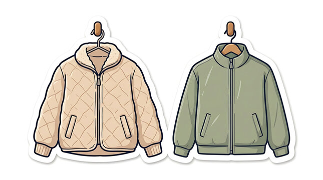 Two stylish jackets hanging on hangers, beige quilted jacket with fleece collar and green bomber jacket