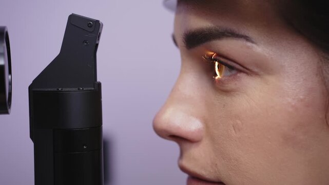 Female patient undergoing eye examination with slit lamp, close-up view of eye and device, clinical setting with soft lighting and neutral background
