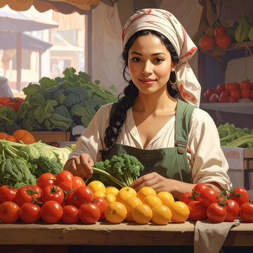 Female Farmer with Fresh Organic Produce at Outdoor Market Stand