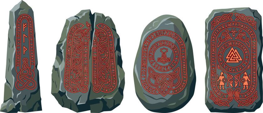 Ancient Viking Runestone Vector Set Featuring Nordic Runes, Valknut Symbol, Thor Hammer, Celtic Knotwork, and Warrior Carvings on Sacred Megalith Stones